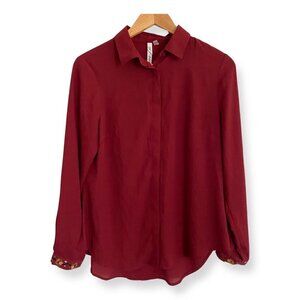 NY Collection Women’s Maroon Embroidered Button Down Top/Shirt. Medium.